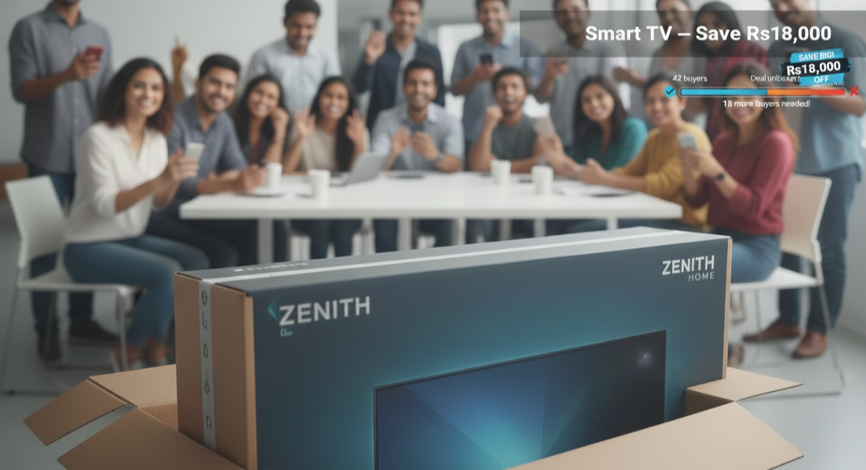 Group of people in a meeting room with a Zenith smart TV box in the foreground, promoting an electronics deal.