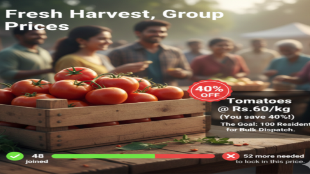 Fresh tomatoes in a wooden crate with people in the background, promotional text overlay.