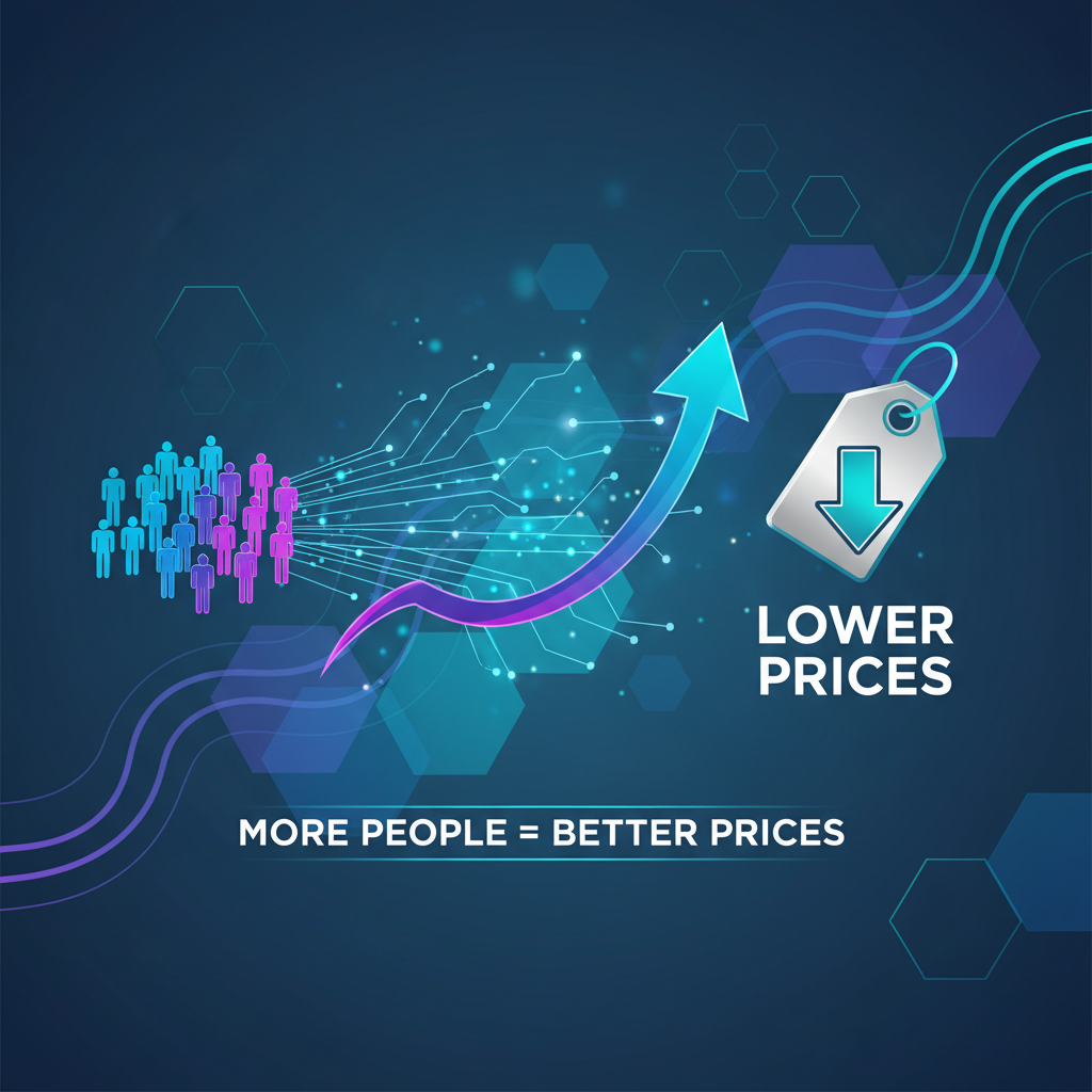 COMMUNITY GROWS,MORE PEOPLE  BETTER PRICES, SQUARE IMAGE TO EXPLAIN SIMPLE CONCEPT WITH ICONS ON FUTURISTIC BACKGOUND PATRRENS