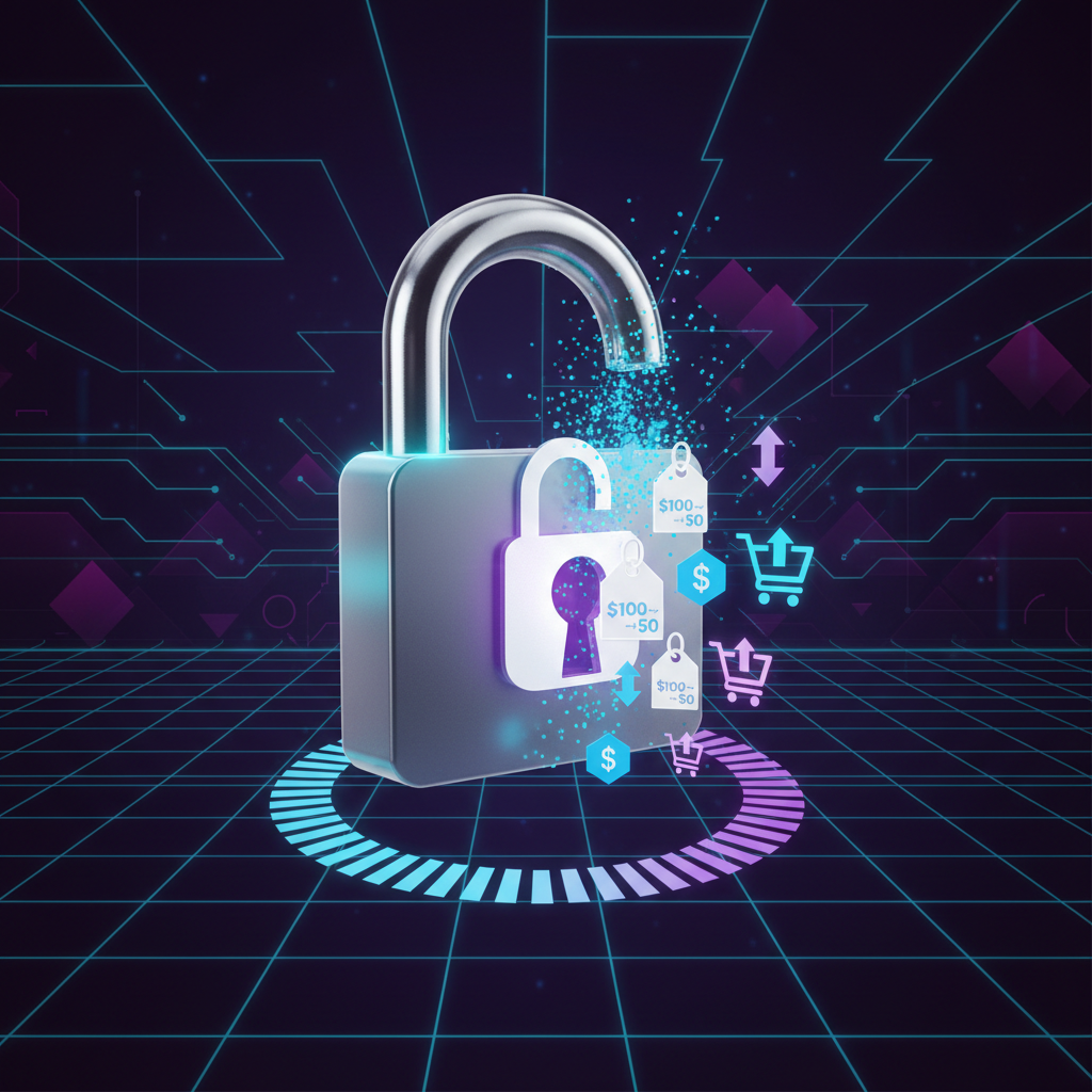 DEAL UNLOCKS, BUY AT WHOLESALE WHEN THE TARGET IS MET, SQUARE IMAGE SIMPLE ICONIC VISUALIZATION ON FUTURISTIC PATTREN BACKGROUND