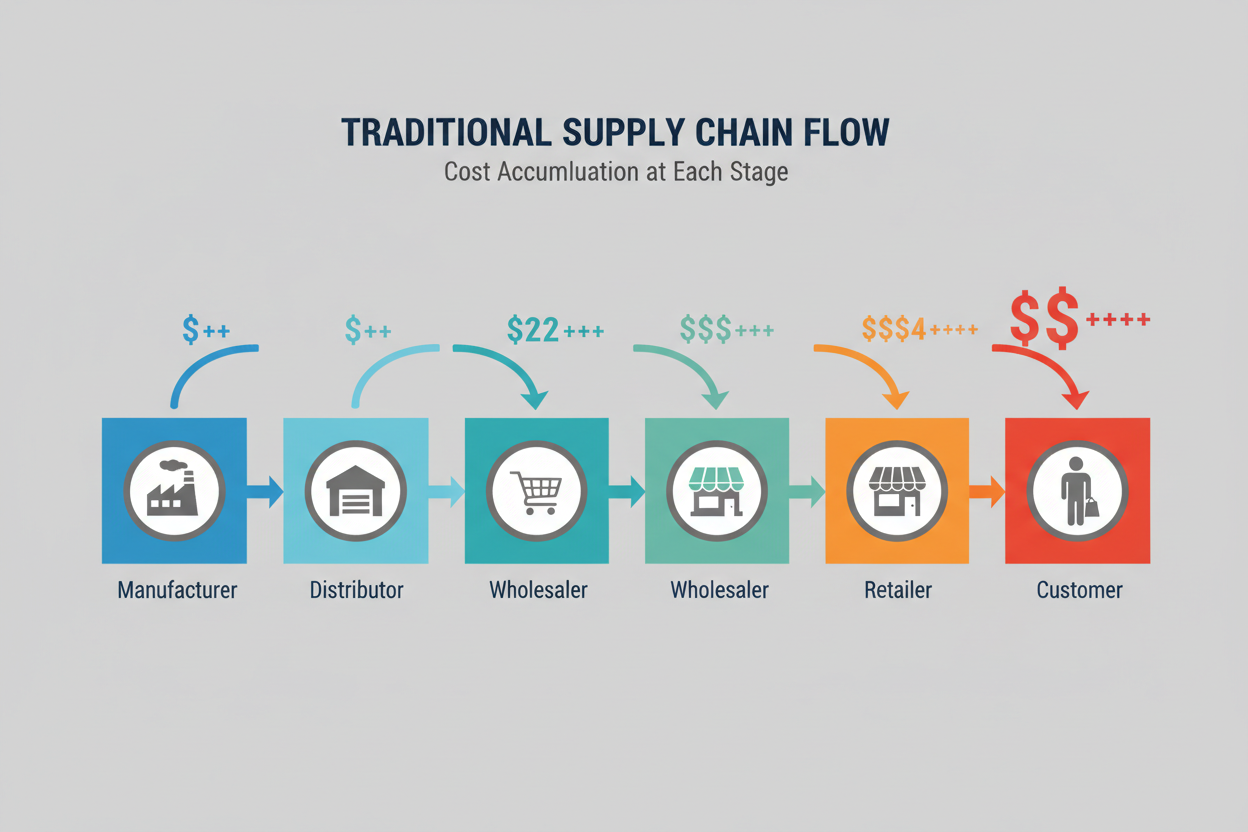 infographic icons explaining complex supply chain of manufacturer, distributor, wholesaler, retailer; causing customers to pay more 
