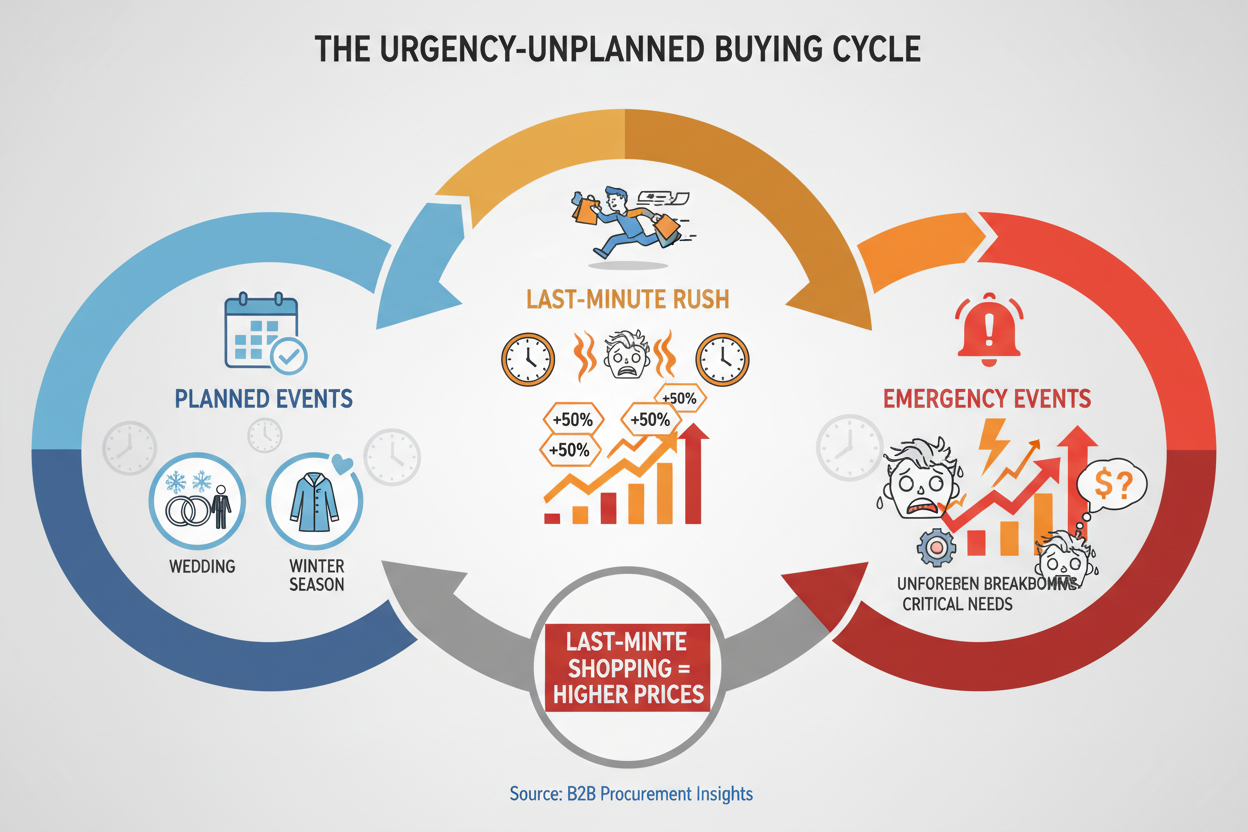 infographic with iconic representation of urgency and unplanned buy, either its wedding or winter or emergency event retail buyers always end up late and paying high price 